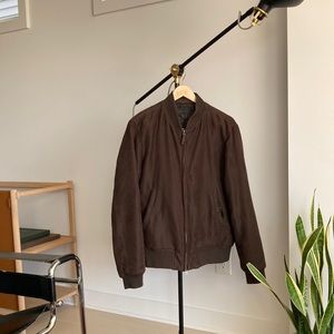 Uniqlo faux brown suede double zip bomber jacket.